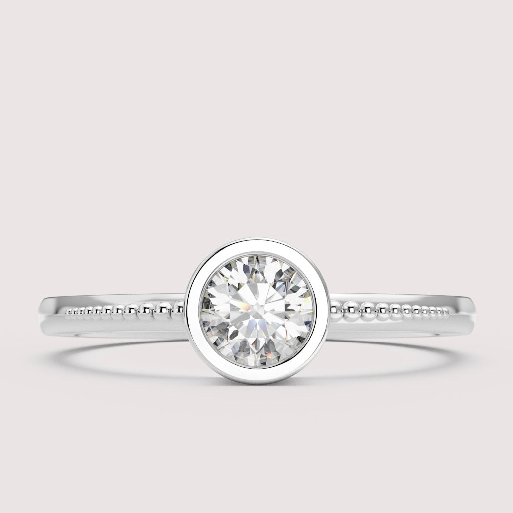 Nina - Round Brilliant Cut Bezel Set Beaded Solitaire Engagement Ring Setting