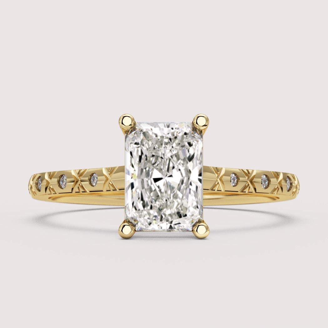 Penelope - Radiant Cut Patterned Band Solitaire Engagement Ring Setting