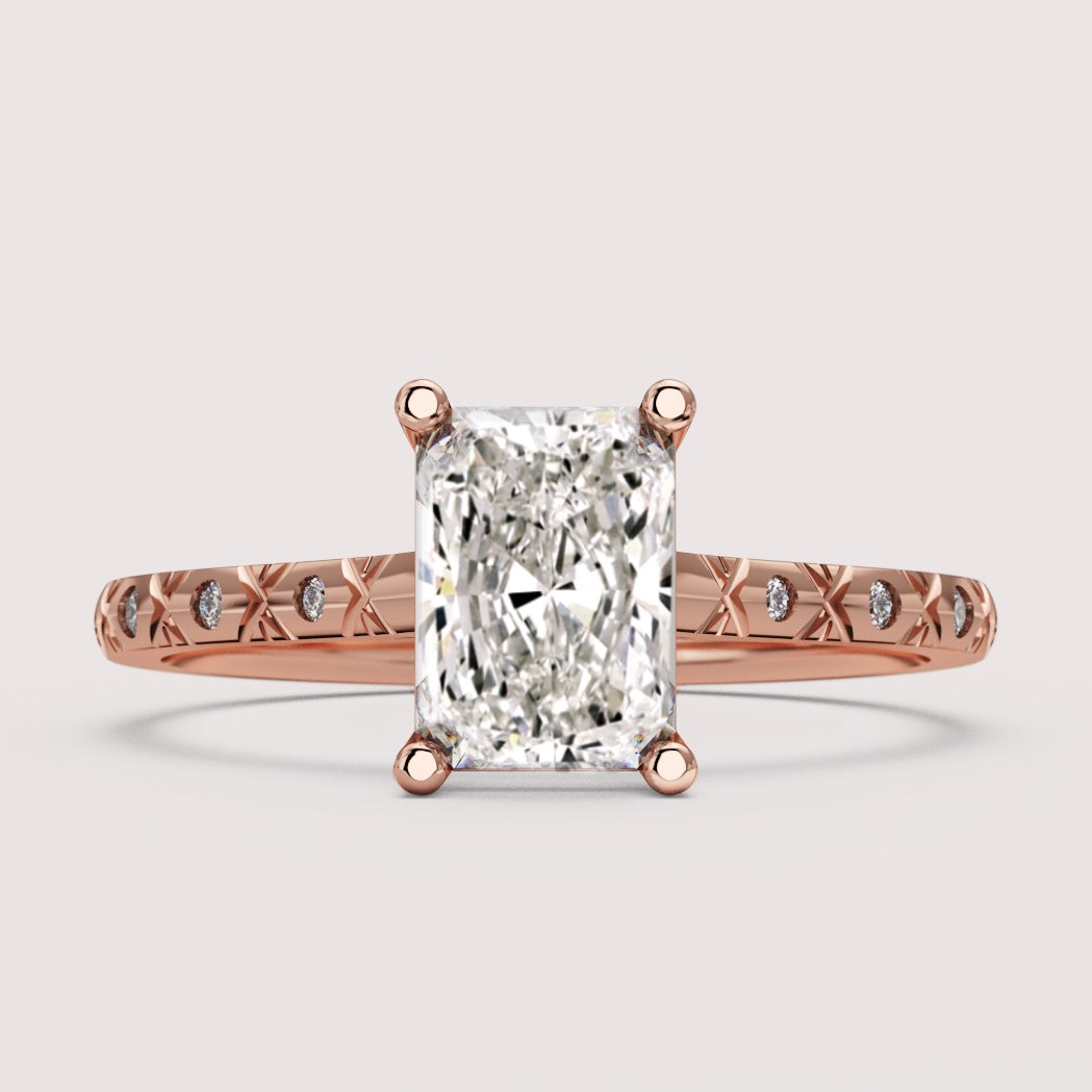 Penelope - Radiant Cut Patterned Band Solitaire Engagement Ring Setting