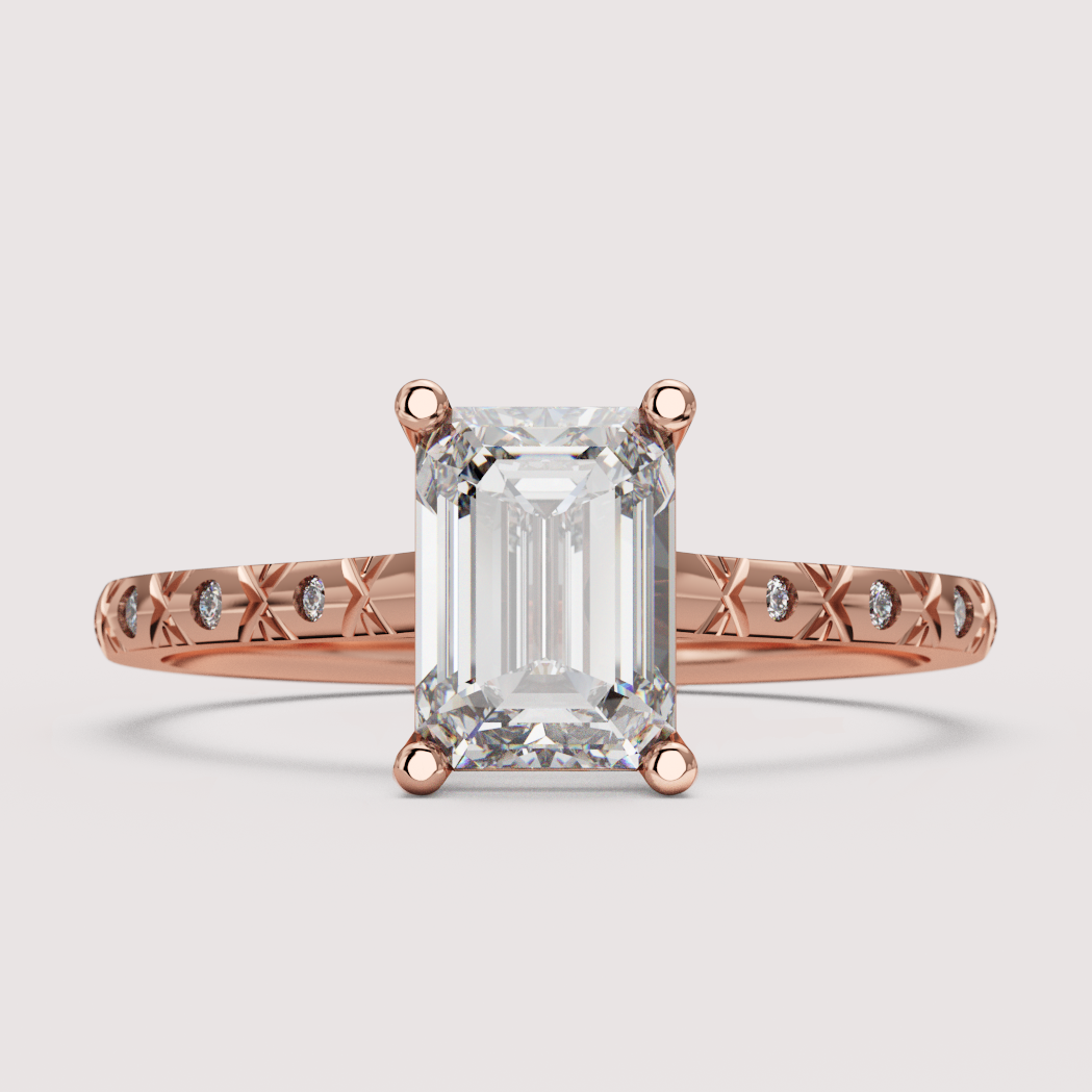 Penelope - Emerald Cut Patterned Band Solitaire Engagement Ring Setting