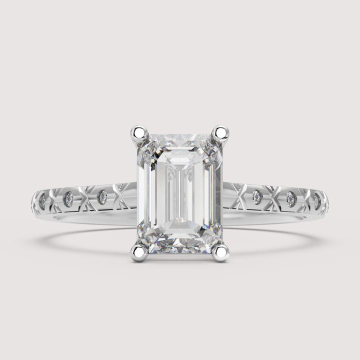 Penelope - Emerald Cut Patterned Band Solitaire Engagement Ring Setting