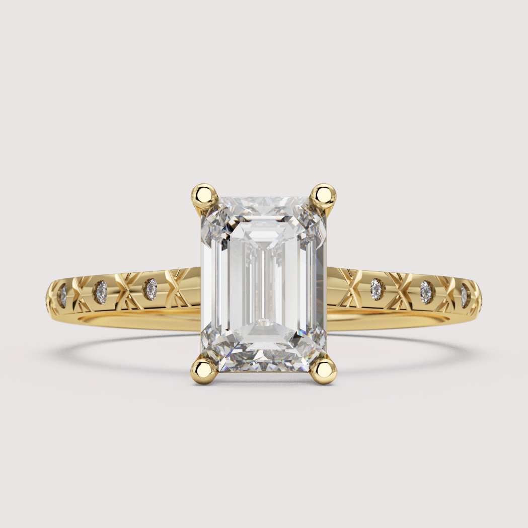 Penelope - Emerald Cut Patterned Band Solitaire Engagement Ring Setting