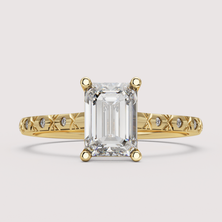Penelope - Emerald Cut Patterned Band Solitaire Engagement Ring Setting