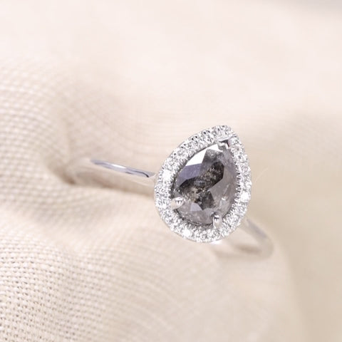Winter - Pre-Owned - Pear Cut Salt &amp; Pepper Diamond Halo Engagement Ring - Ready-to-Wear Engagement Rings - Ready-to-Ship