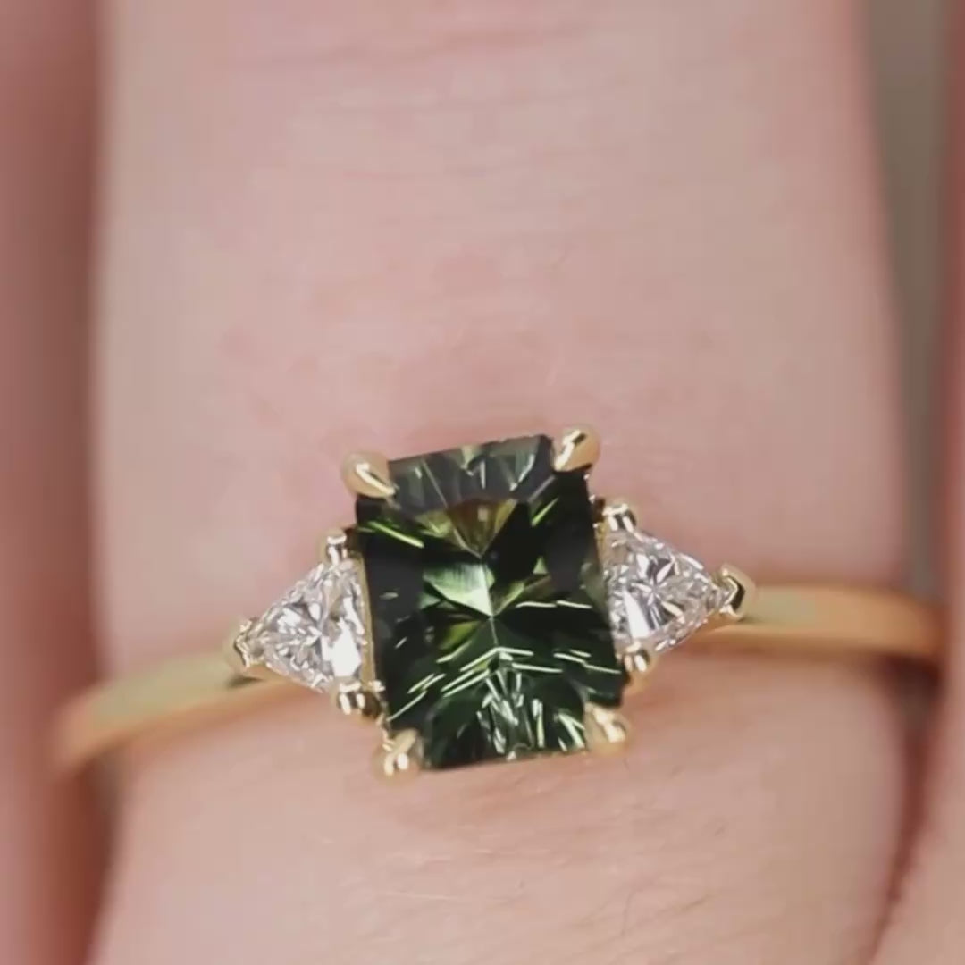 Delphine - Optix Emerald Cut Green Tourmaline Trilogy Engagement Ring - Ready-to-Wear Engagement Rings - Ready-to-Ship