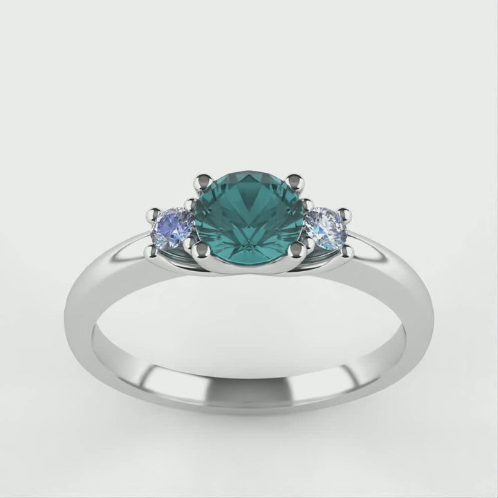 Millie - Round Brilliant Cut Teal Sapphire and Diamond Trilogy Engagement Ring