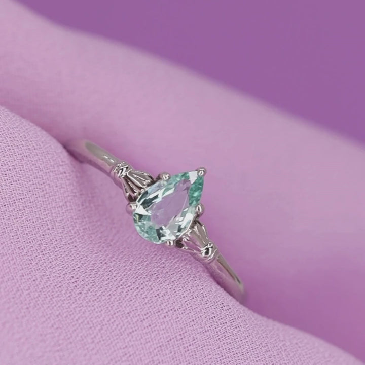Tilly - Dainty Deco Collection - Pear Teardrop Cut Light Green Lagoon Tourmaline Art Deco Inspired Fan Detail Engagement Ring in Platinum - Ready-to-Wear