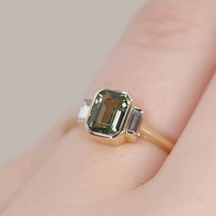 Phoebe - Emerald Cut Green Teal Tourmaline Bezel Set Art Deco Trilogy Engagement Ring