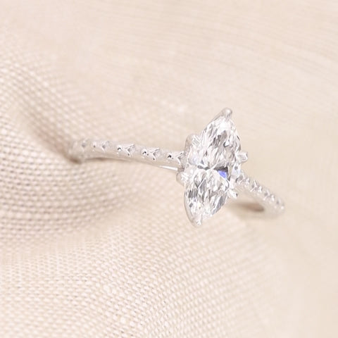 Flora - Marquise Cut Lab Grown Diamond Tulip Basket Solitaire Patterned Band Nature-Inspired Engagement Ring - Ready-to-Wear Engagement Rings - Ready-to-Ship
