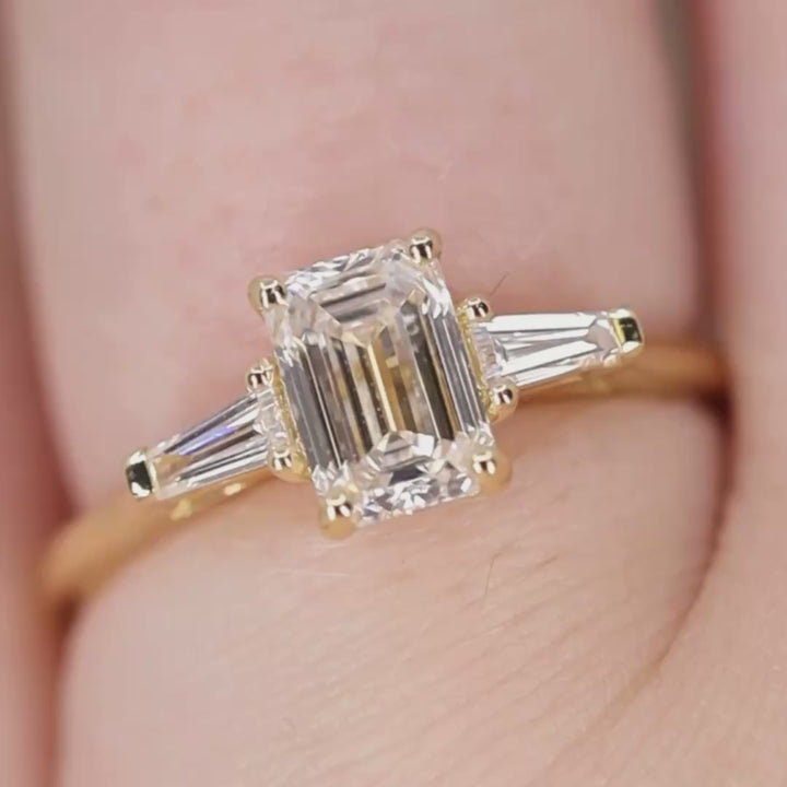 Harper - Emerald Cut Lab Grown Diamond and Tapered Baguette Diamond Trilogy Engagement Ring - Ready-to-Wear Engagement Rings - Ready-to-Ship