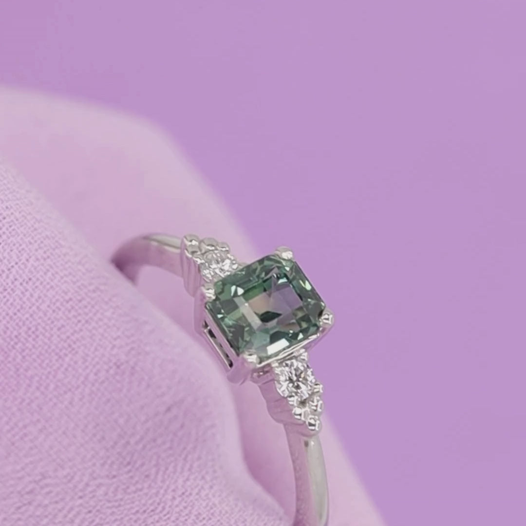 Natalia - Emerald Cut Blue Teal Sapphire and Lab Grown Diamond Delicate Trilogy Ring in Platinum - Ready-to-Wear
