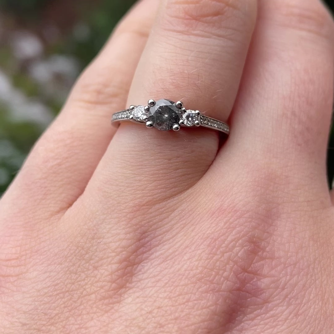 Callie - Round Brilliant Cut Salt and Pepper Diamond Trilogy Engagement Ring in Platinum - Made-To-Order