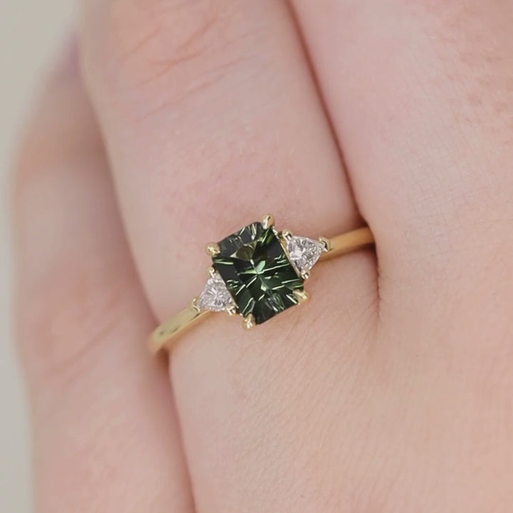 Delphine - Optix Emerald Cut Green Tourmaline Trilogy Engagement Ring - Ready-to-Wear