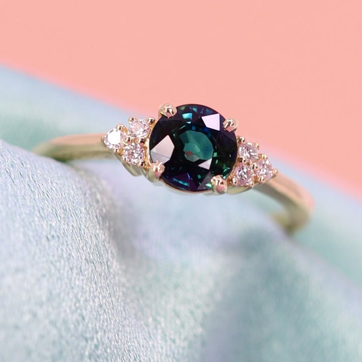 Henrietta - Round Teal Sapphire Engagement Ring with Lab Grown Side Stones - Made-To-Order