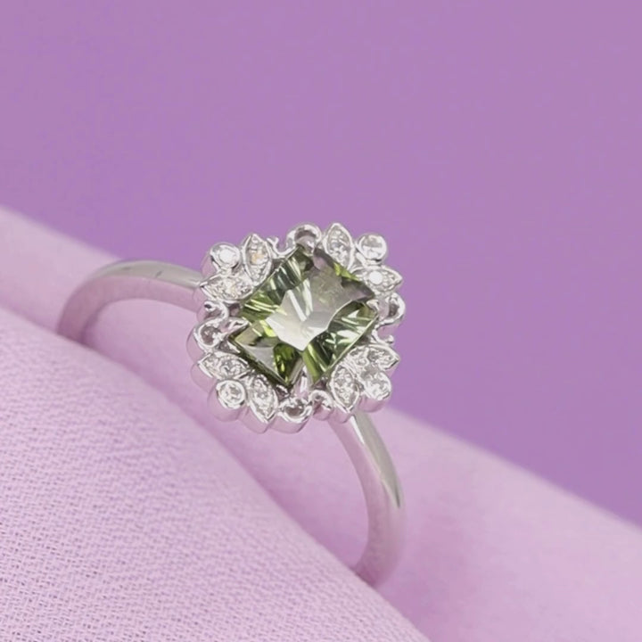 Annette - The Botanicals Collection - Emerald Cut Green Tourmaline Art Nouveau Halo Engagement Ring In Platinum - Ready-To-Wear