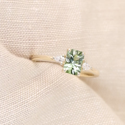 Elspeth - Emerald Optix Cut Green Tourmaline Trilogy Engagement Ring - Ready-to-Wear Engagement Rings - Ready-to-Ship