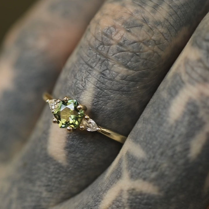 Elspeth - Hexagon Green Teal Sapphire Trilogy Engagement Ring - Ready-to-Wear Engagement Rings - Ready-to-Ship
