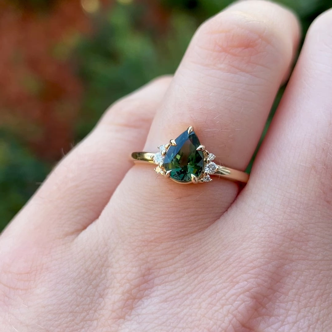 Persie - Pear/Teardrop Shaped Teal Sapphire Ring with Lab Grown Diamond Side Stones - Made-To-Order