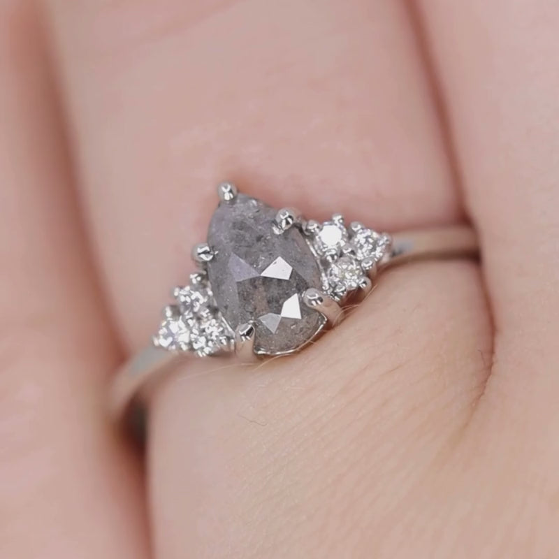 Henrietta - Pear Cut Teardrop Shape Salt and Pepper Diamond Cluster Engagement Ring - Ready-to-Wear