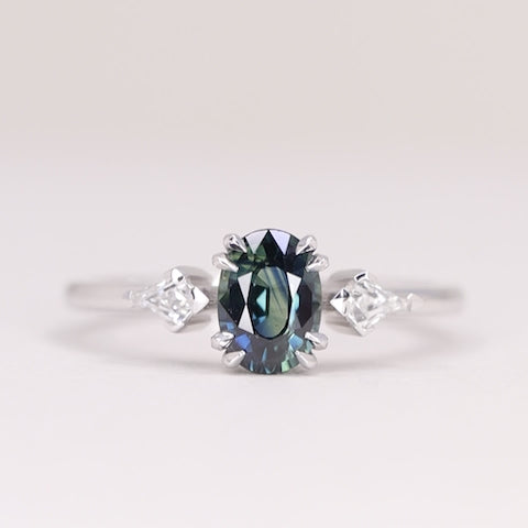 Dahlia - Oval Cut Teal Sapphire Trilogy Made-to-Order Engagement Ring Engagement Rings - Made-to-Order