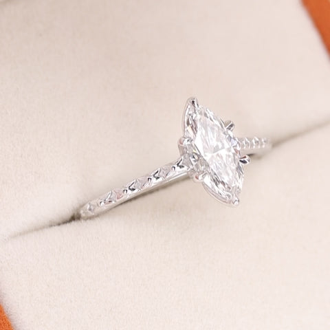 Flora - Marquise Cut Lab Grown Diamond Tulip Basket Solitaire Patterned Band Nature-Inspired Engagement Ring - Ready-to-Wear Engagement Rings - Ready-to-Ship
