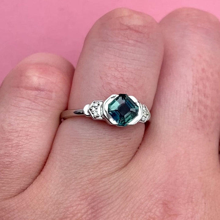 Frida - Dainty Deco Collection - Half Rubover Emerald Cut Teal Sapphire Engagement Ring - Custom Made-to-Order Design