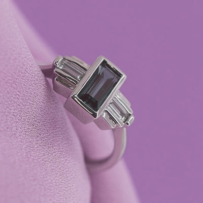 Esther - Baguette Cut Lab Grown Alexandrite and Earth Grown Baguette Diamond Art Deco Antique-Inspired Engagement Ring in Recycled 14ct White Gold - Ready-to-Wear