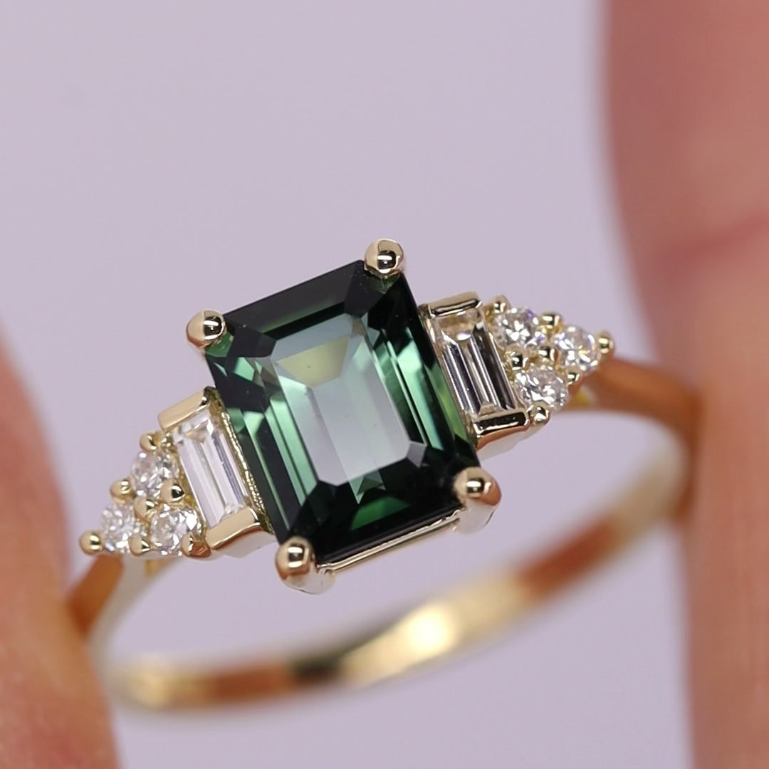Green Tourmaline and Diamond Art Deco Engagement Ring