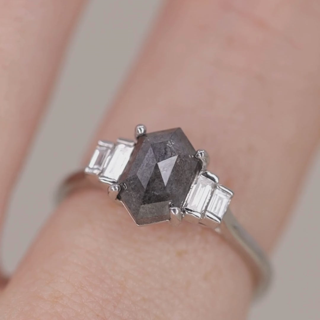 Erin - Hexagon Salt and Pepper Diamond Art Deco Engagement Ring - Ready-to-Wear