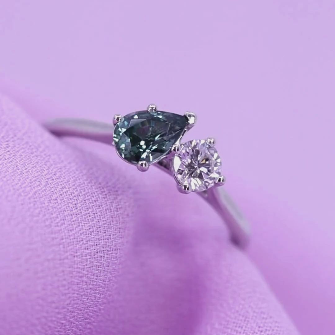 Juno - Dopamine by Jessica Flinn - Teardrop/Pear Cut Teal Sapphire and Round Brilliant Cut Lab Grown Diamond Toi et Moi Style Ring - Made-to-Order