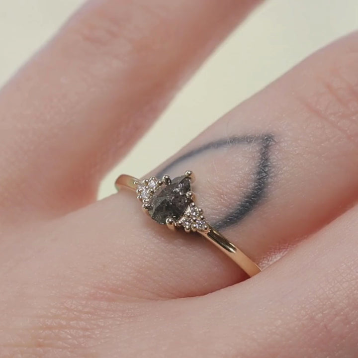 Henrietta - Pear Cut Salt & Pepper Diamond Trefoil Cluster Engagement Ring - Ready-to-Wear Engagement Rings - Ready-to-Ship