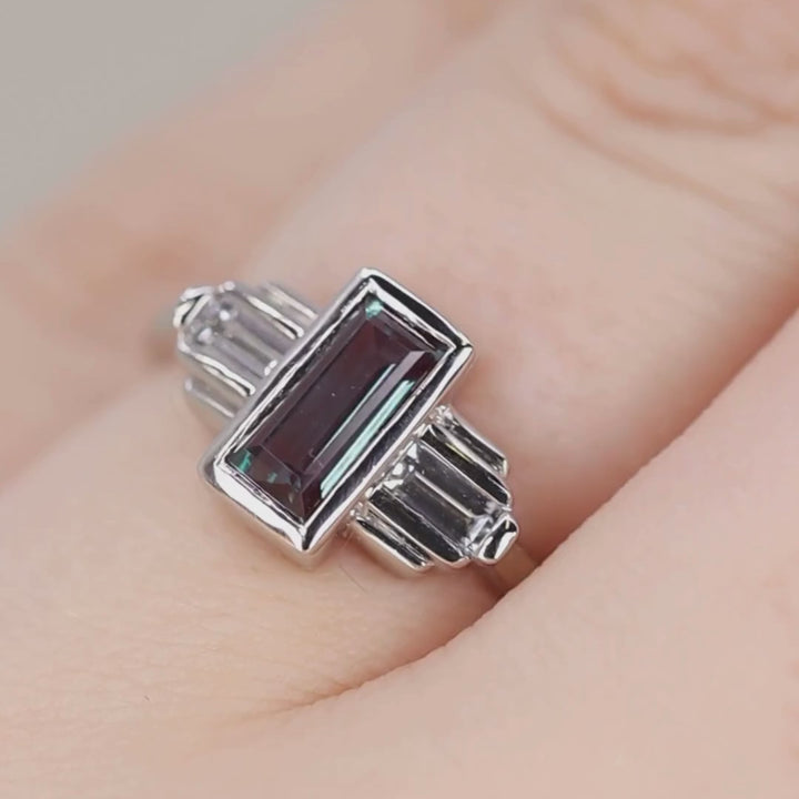 Esther - Baguette Cut Lab Grown Alexandrite Art Deco Engagement Ring