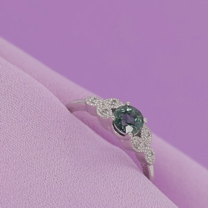 Juliet - The Botanicals Collection - Round Brilliant Cut Teal Sapphire Milgrain Leaf Art Nouveau Engagement Ring in Platinum - Ready-To-Wear