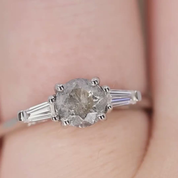 Harper - Round Brilliant Cut Salt and Pepper Diamond and Tapered Baguette Diamond Trilogy Engagement Ring - Ready-to-Wear Engagement Rings - Ready-to-Ship