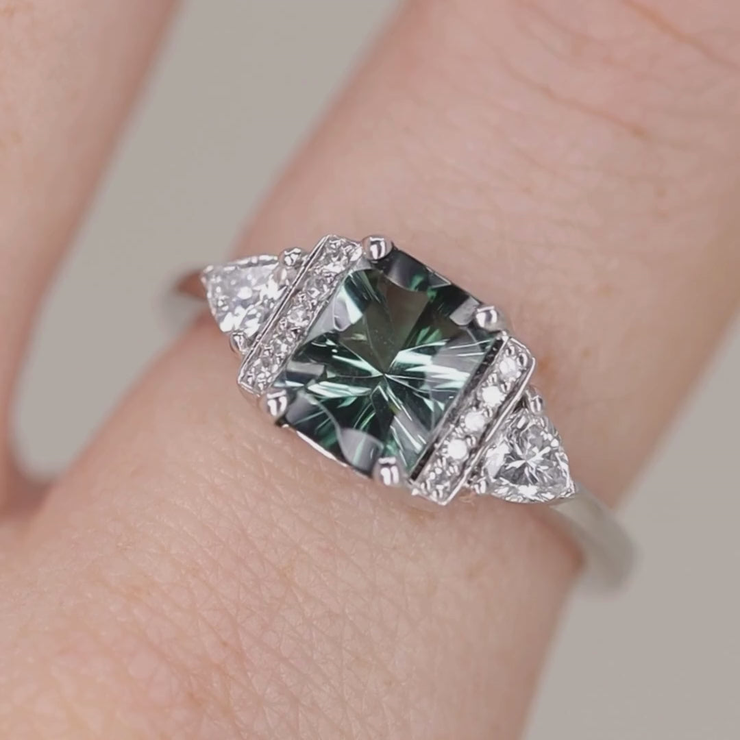 Ophelia -  Optix Emerald Cut Green Tourmaline Art Deco Engagement Ring - Ready-to-Wear