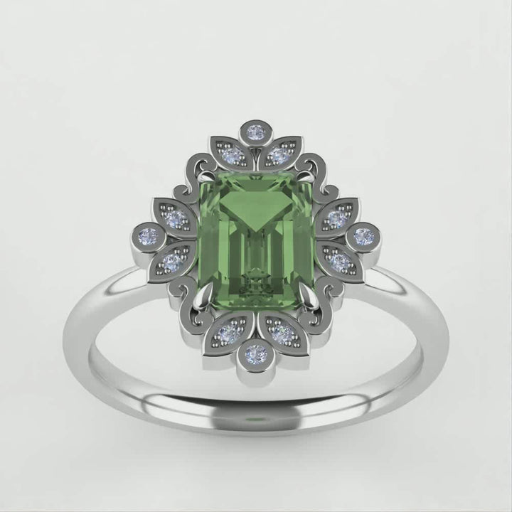 Annette - Emerald Cut Green Tourmaline Halo Engagement Ring - Ready-To-Wear