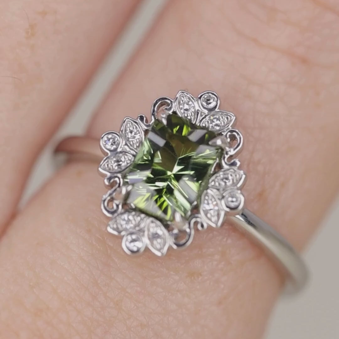 Annette - Emerald Cut Green Tourmaline Halo Engagement Ring - Ready-To-Wear