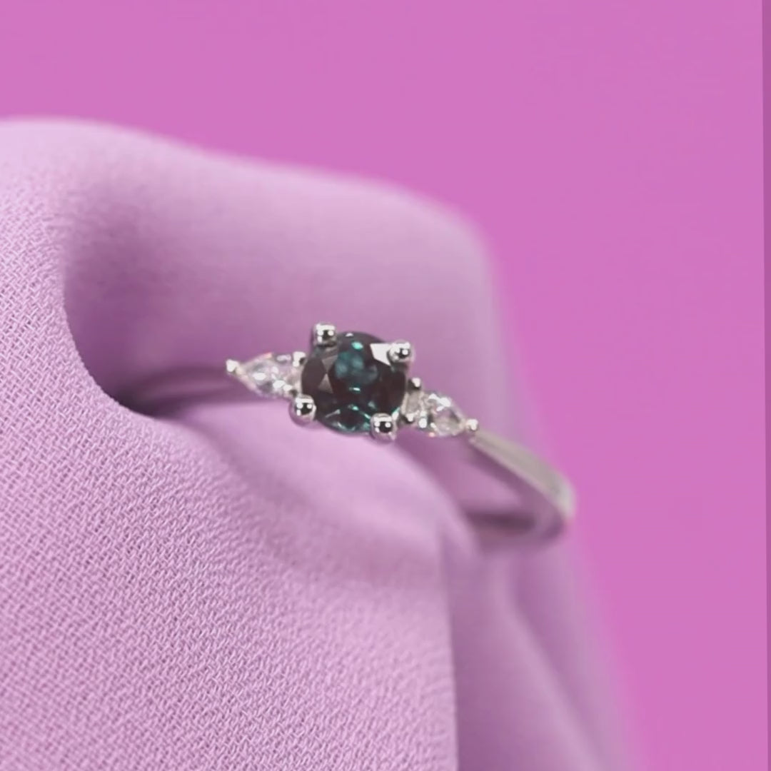 Elspeth - Round Brilliant Cut Lab Grown Alexandrite and Pear Shaped Lab Grown Diamond Trilogy Engagement Ring in Platinum - Ready-to-Wear