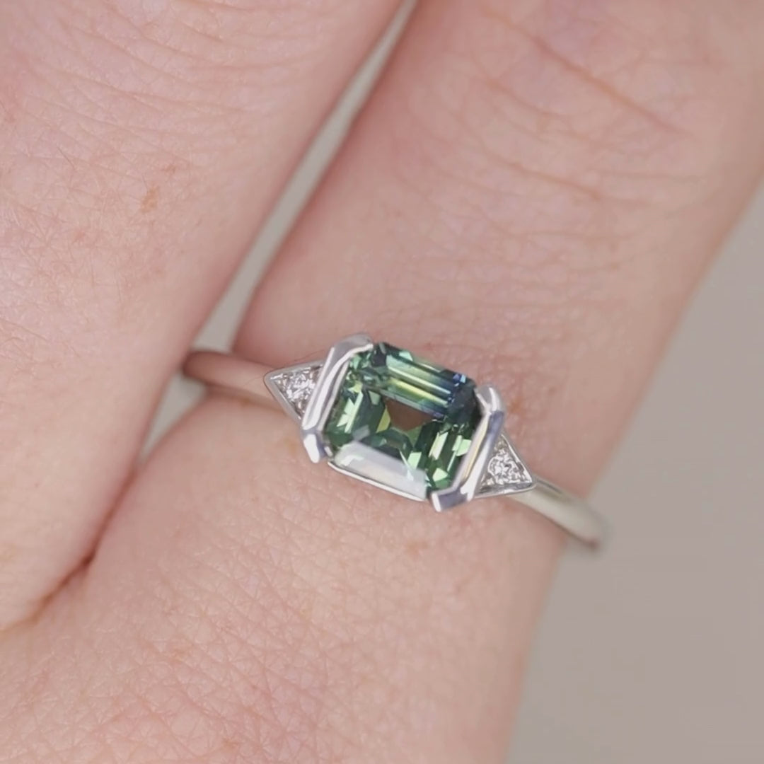 Hattie - Emerald Cut Teal Sapphire Art Deco Trilogy Engagement Ring - Ready-To-Wear