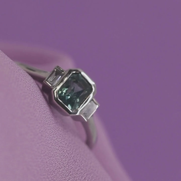Phoebe - Radiant Cut Blue Teal Sapphire and Lab Grown Baguette Diamond Bezel Set Modern Art Deco Engagement Ring in Platinum - Custom Made-to-Order Design