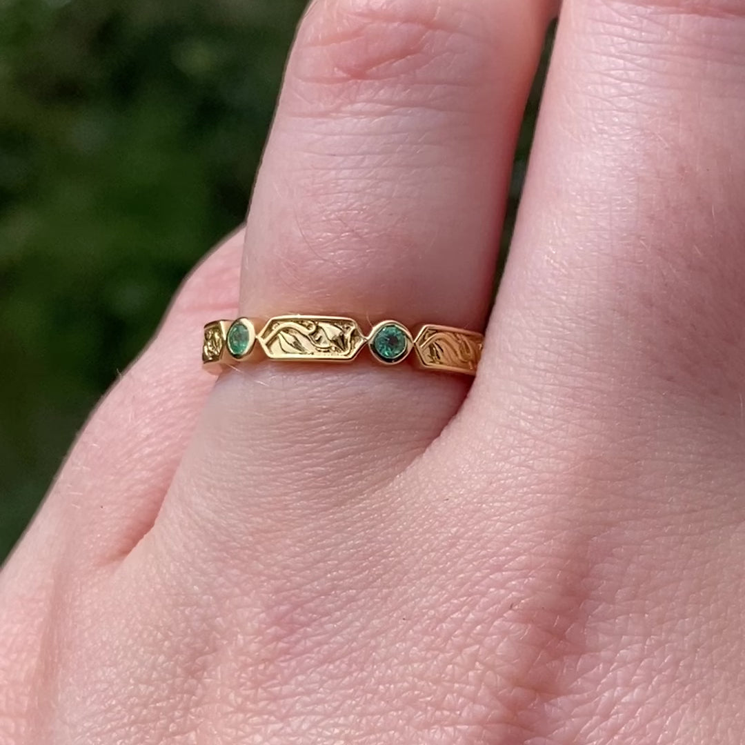 Fern - The Botanicals Collection - Vine/Leaf Motif Geometric Emerald, Ruby or Blue Sapphire Set Floral Art Nouveau Style Wedding Band - Made-to-Order