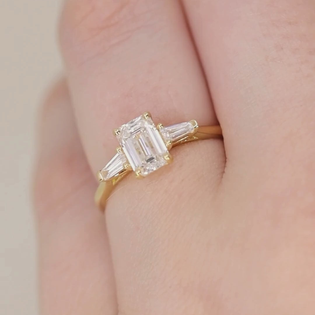 Harper - Emerald Cut Lab Grown Diamond and Tapered Baguette Diamond Trilogy Engagement Ring - Ready-to-Wear Engagement Rings - Ready-to-Ship