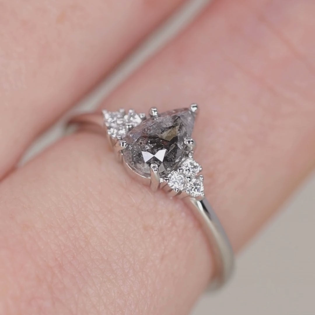 Henrietta - Pear Cut Teardrop Shape Salt and Pepper Diamond Cluster Engagement Ring