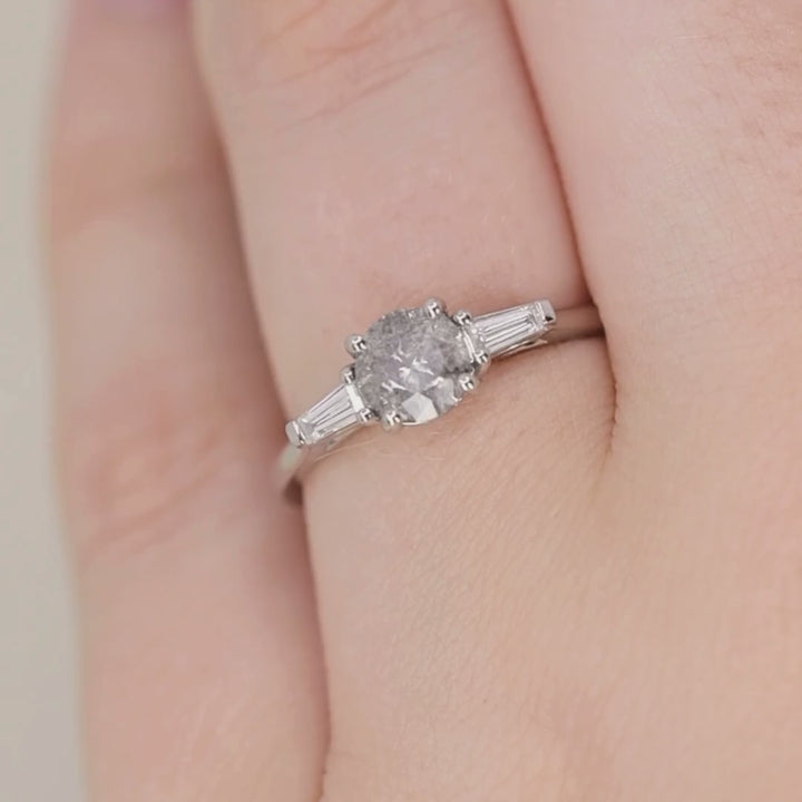Harper - Round Brilliant Cut Salt and Pepper Diamond and Tapered Baguette Diamond Trilogy Engagement Ring - Ready-to-Wear Engagement Rings - Ready-to-Ship