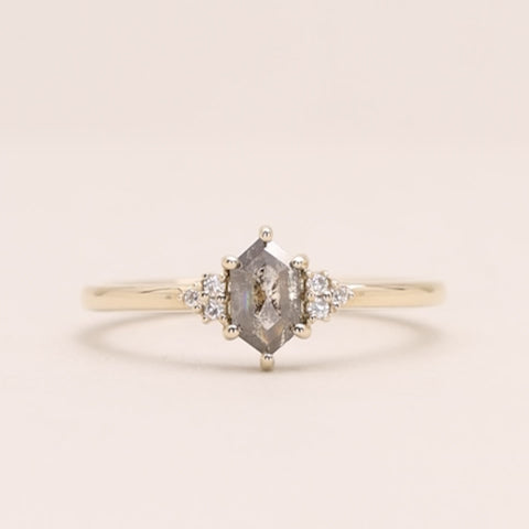 Henrietta - Hexagon Cut Salt &amp; Pepper Diamond Trefoil Cluster Engagement Ring - Ready-to-Ship Engagement Rings - Ready-to-Ship