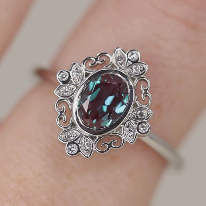 Art Deco oval cut alexandrite platinum engagement ring