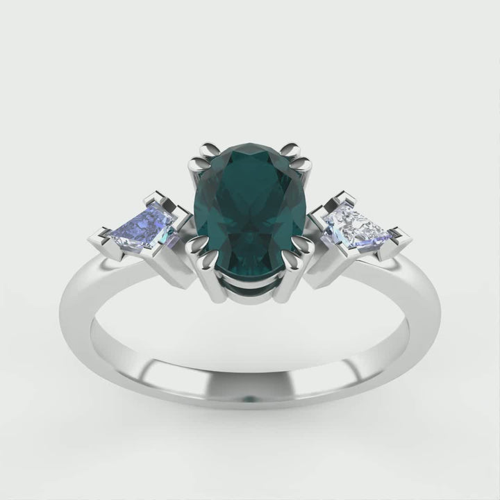 Dahlia - Oval Cut Teal Sapphire Trilogy Engagement Ring - Ready-to-Wear