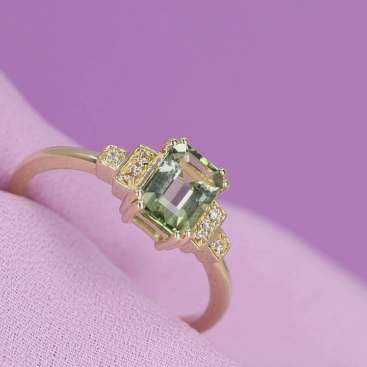 Grace - Emerald Cut Green Tourmaline Cluster Engagement Ring - Ready-to-Wear