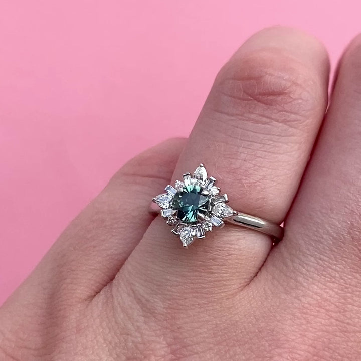 Elsa - Dopamine by Jessica Flinn - Round Teal Sapphire and Diamond Halo Engagement Ring in Platinum - Made-To-Order