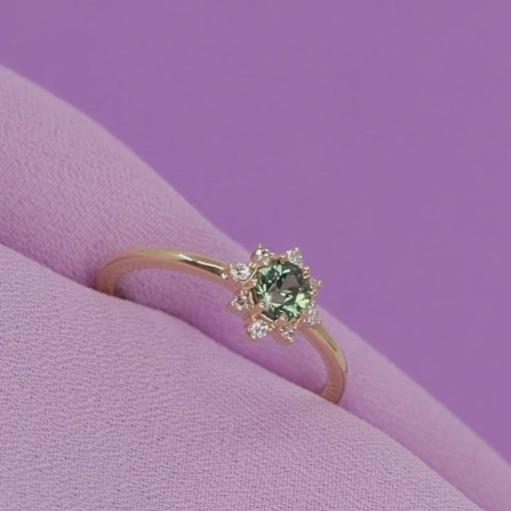 Mabel - Dainty Deco Collection - Round Cut Teal Sapphire with Lab Grown Diamond Halo Engagement Ring in 18ct Yellow Gold - Ready-to-Wear